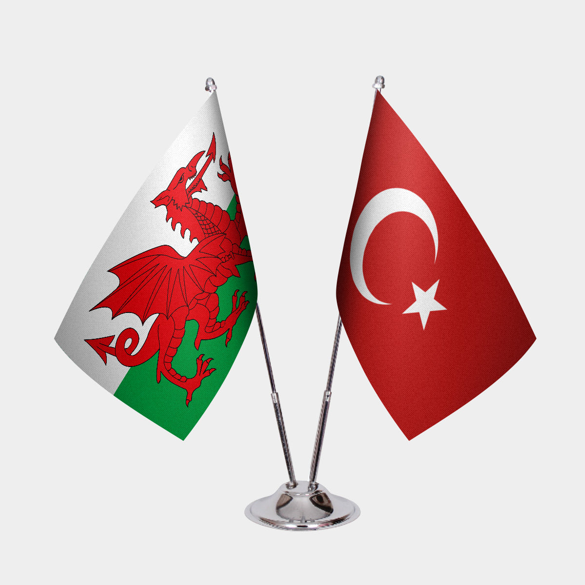 Wales and Turkey desk flag set with chrome pole and base