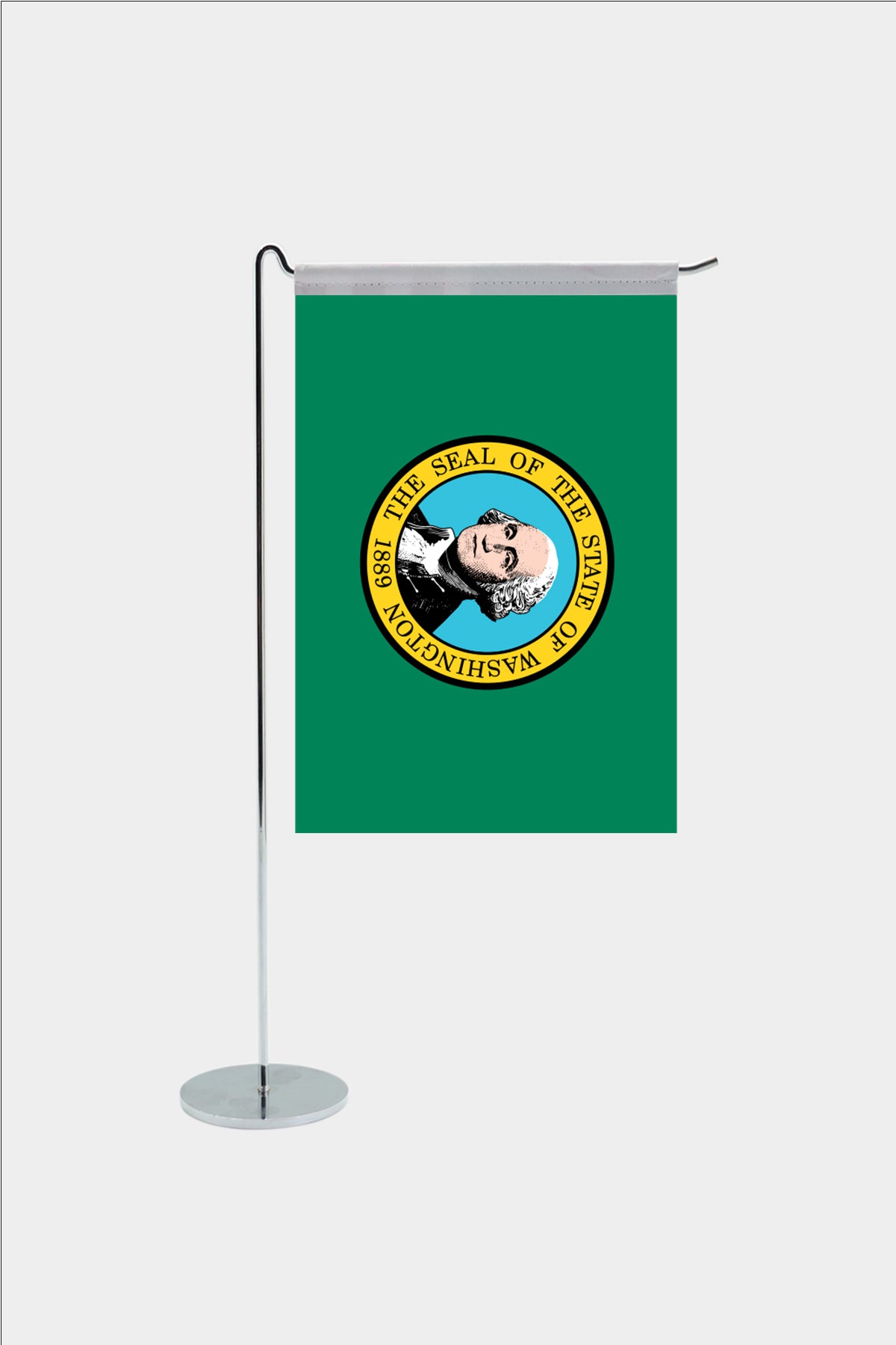 Washington state desk flag with chrome L-shaped stand - premium double-layer satin office flag