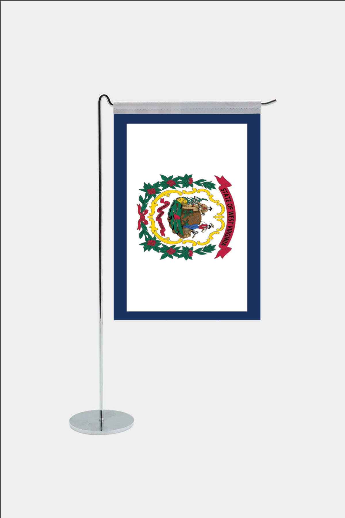 West Virginia state desk flag with chrome L-shaped stand - premium double-layer satin office flag