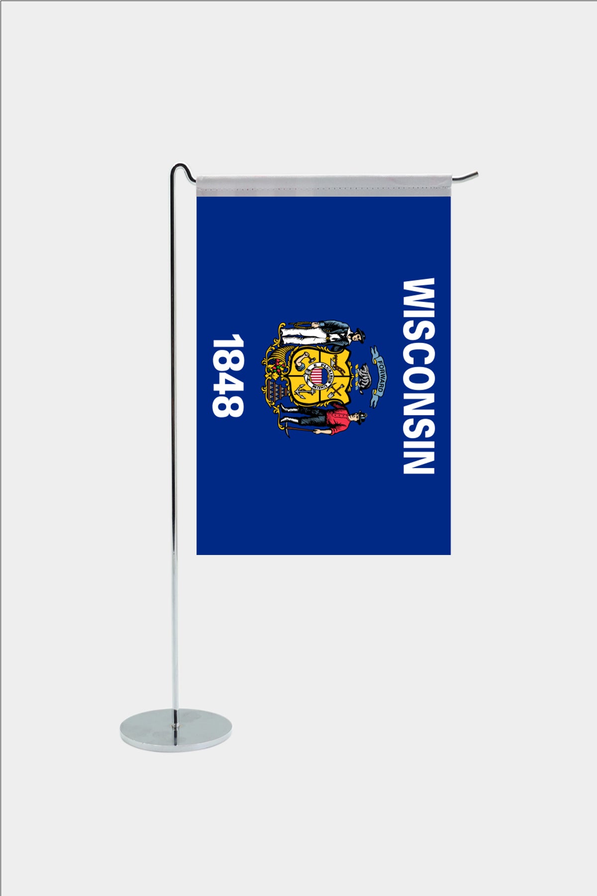 Wisconsin state desk flag with chrome L-shaped stand - premium double-layer satin office flag