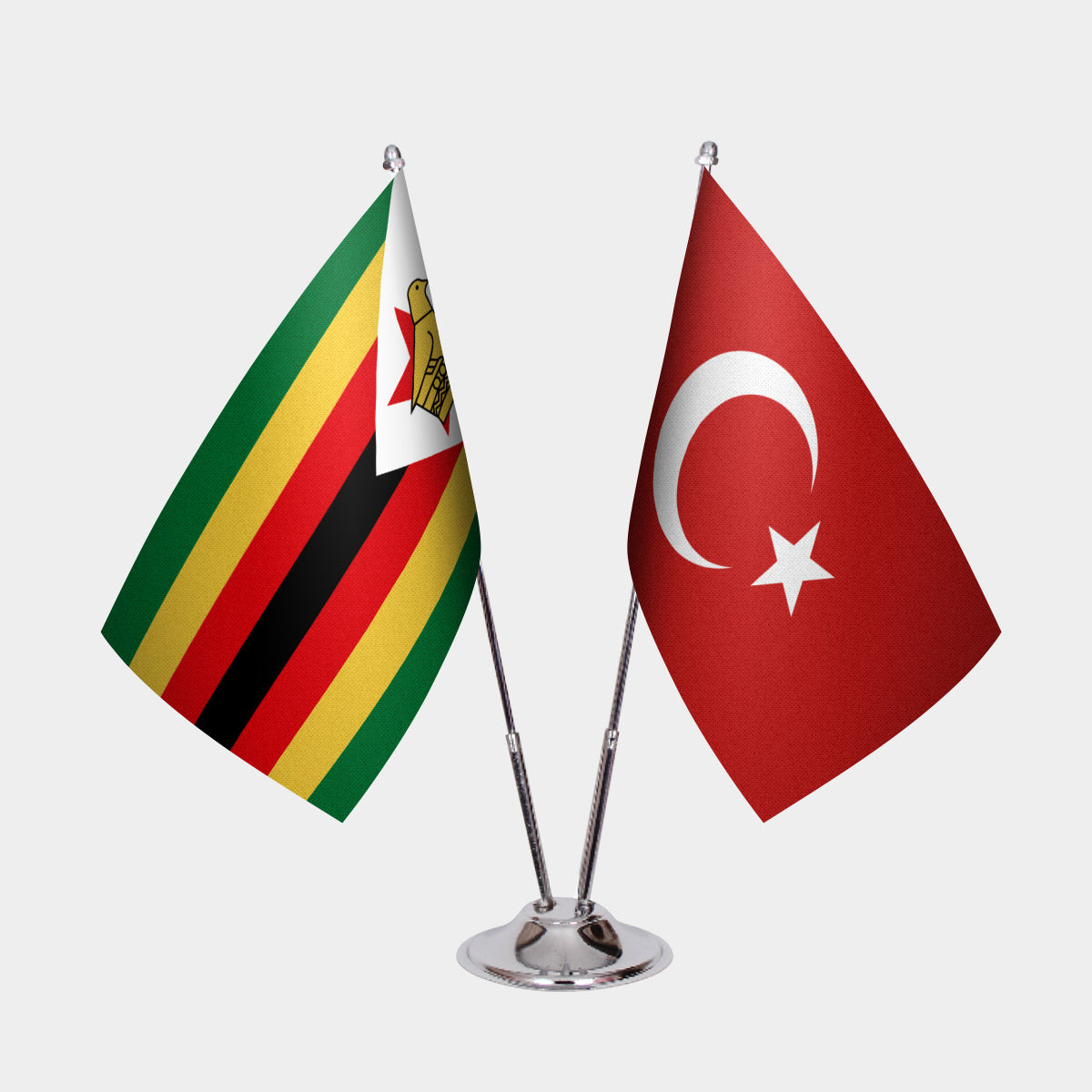 Zimbabwe and Turkey desk flag set with chrome pole and base