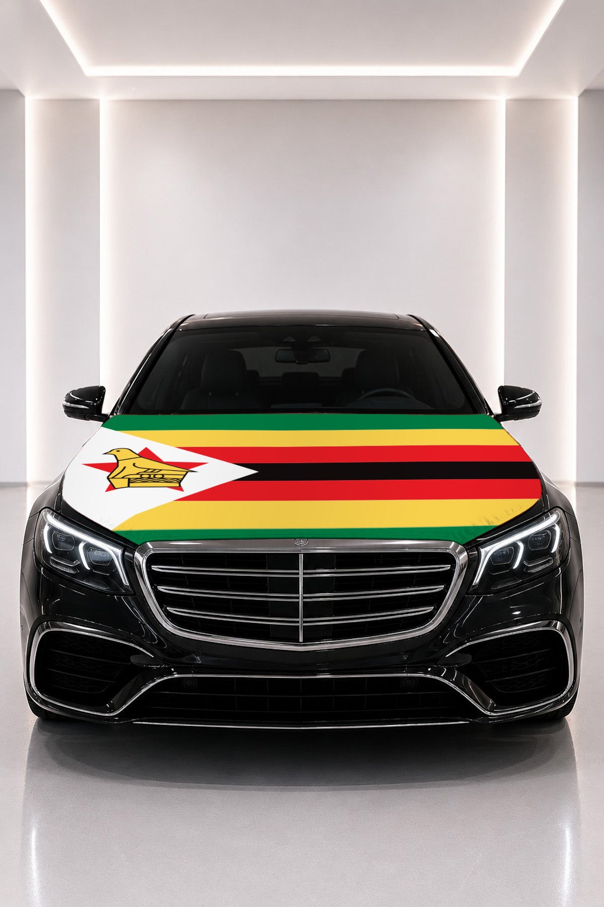 Zimbabwe flag car hood cover fitted on a black car bonnet