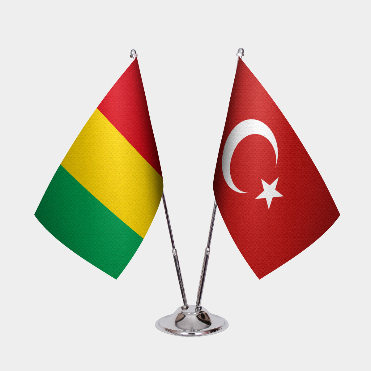 Guinea and Turkey desk flag set with chrome pole and base