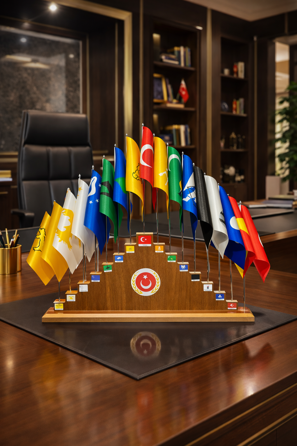 17-Piece Ancient Turkic States Pedestal Flag Set on Executive Desk