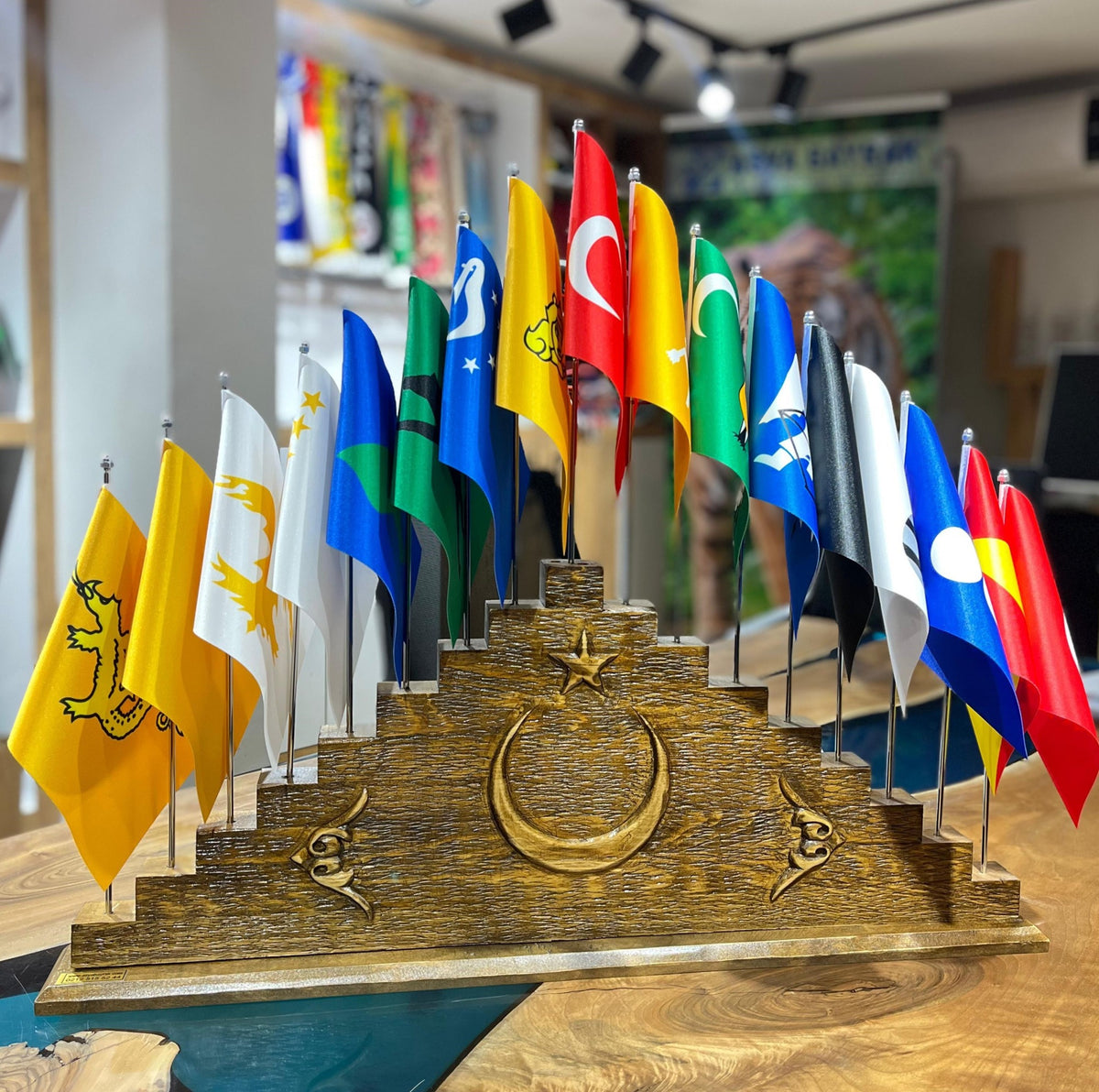 17-piece Ancient Turkic States flag set on the hand-carved pine base with carved crescent and star