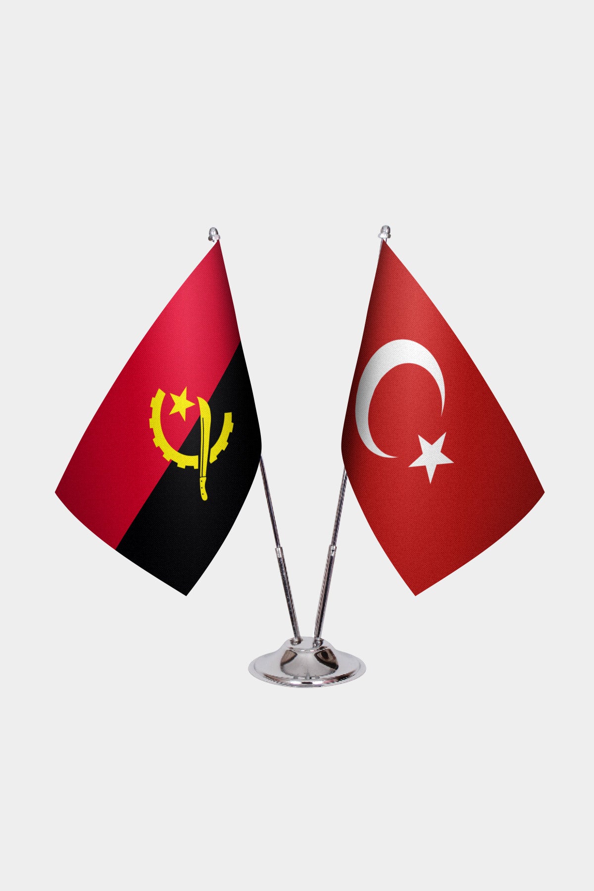Angola and Turkey desk flag set with chrome pole and base