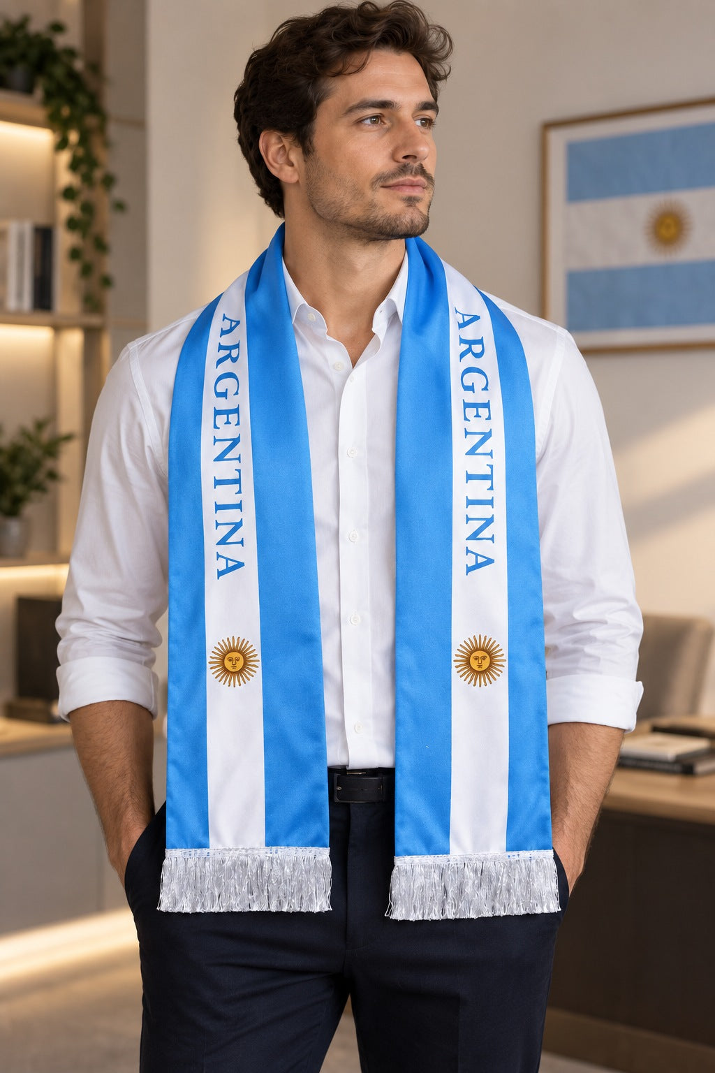 Écharpe de Supporter Satin – Drapeau de l’Argentine portée autour du cou par un homme en chemise blanche