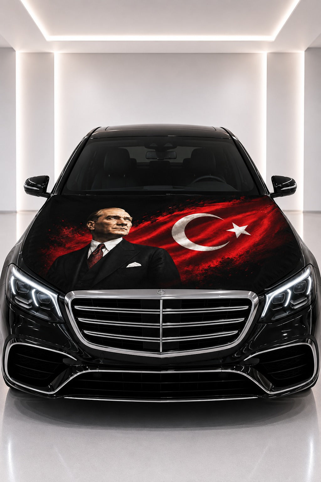 Couvre-capot de voiture Atatürk et drapeau turc — housse imprimée posée sur le capot d’une voiture noire
