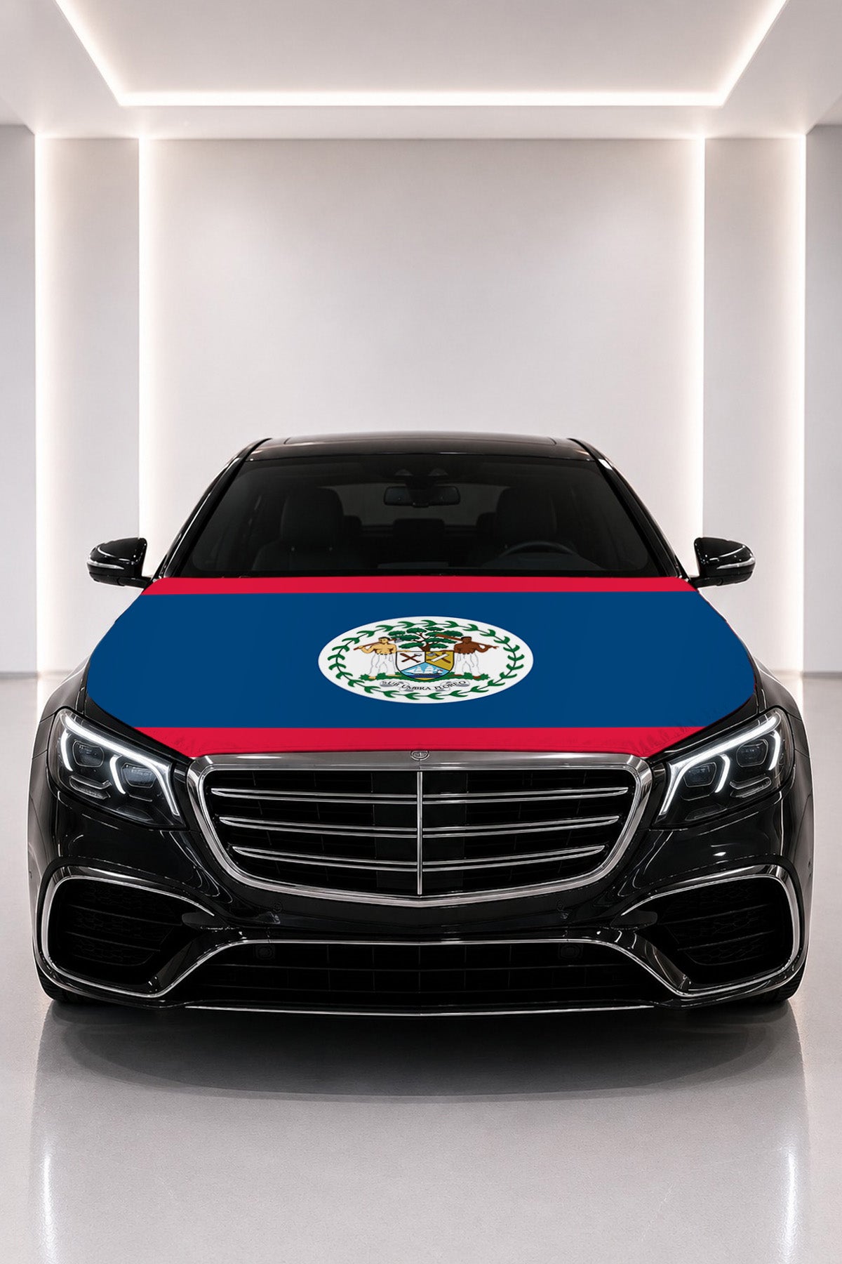 Couvre-capot drapeau du Belize posé sur le capot d’une voiture noire
