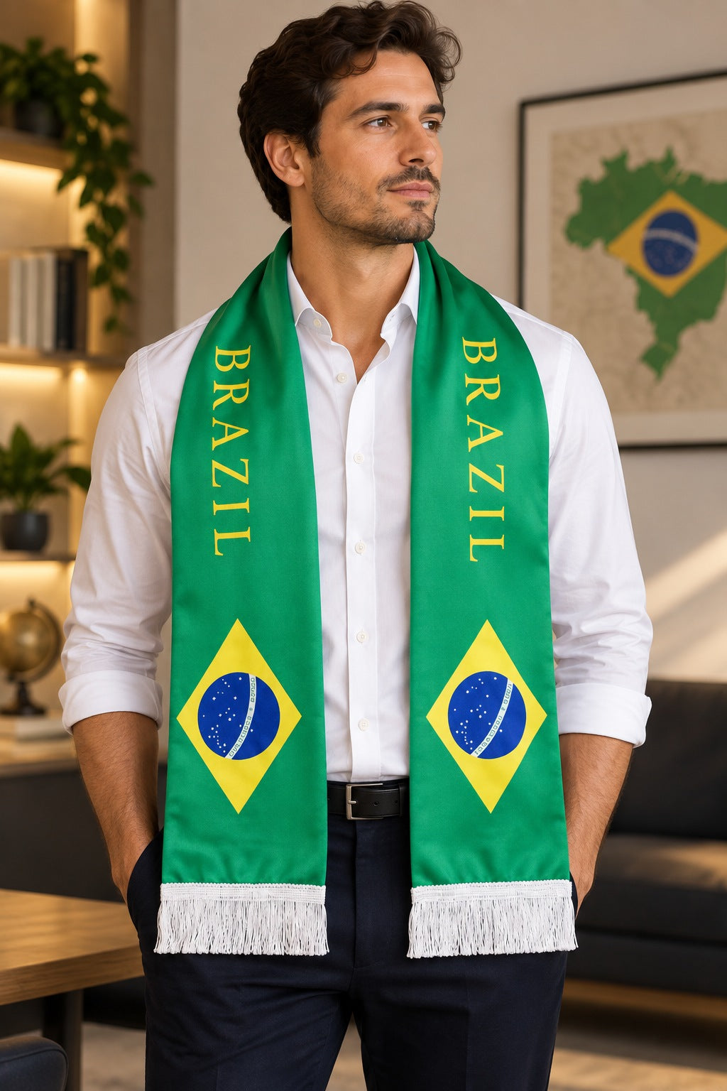 Écharpe de Supporter Satin – Drapeau du Brésil portée autour du cou par un homme en chemise blanche