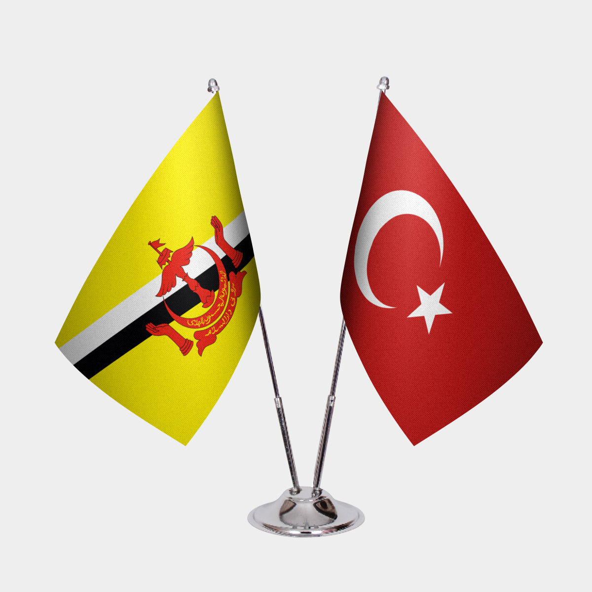 Brunei and Turkey desk flag set with chrome pole and base