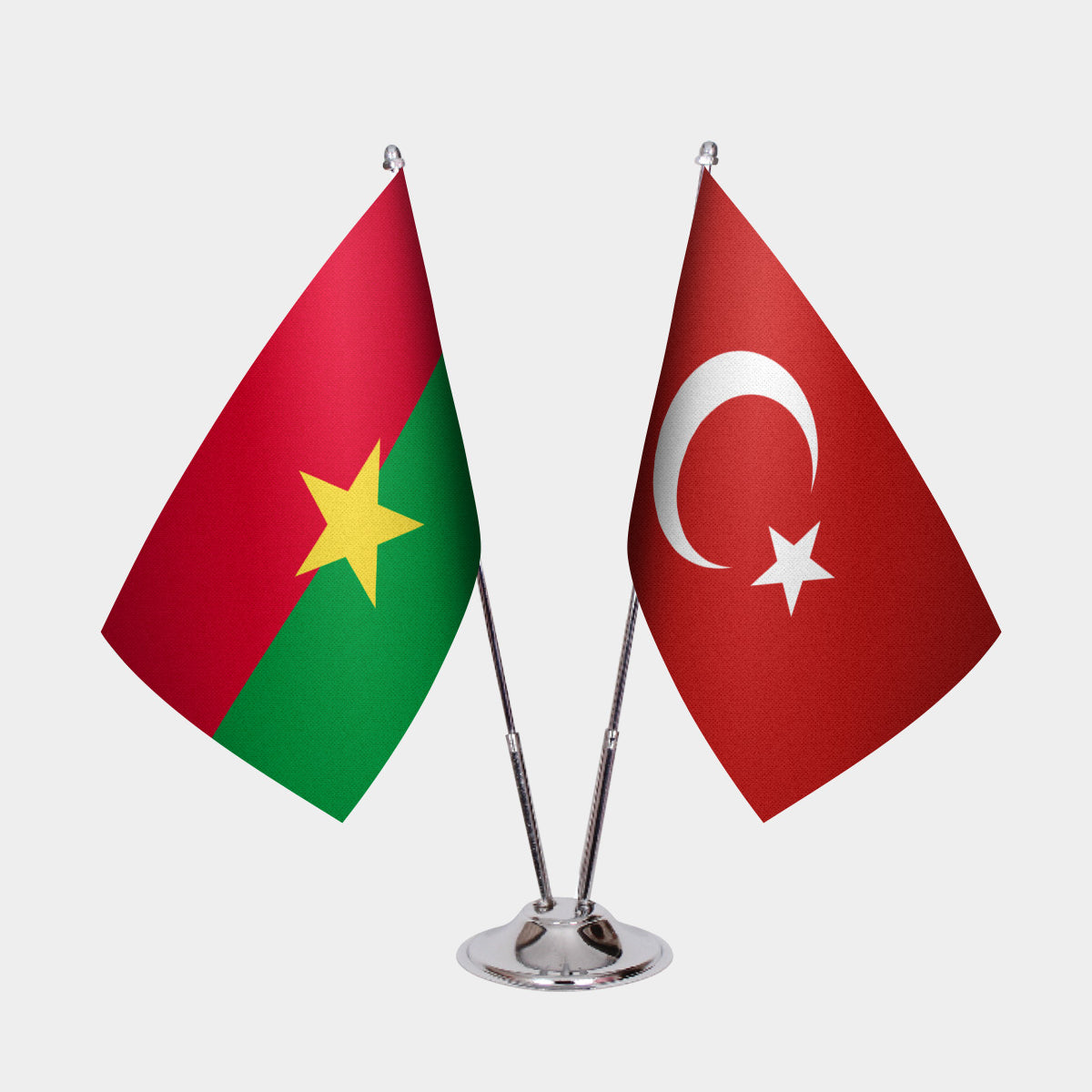 Burkina Faso and Turkey desk flag set with chrome pole and base