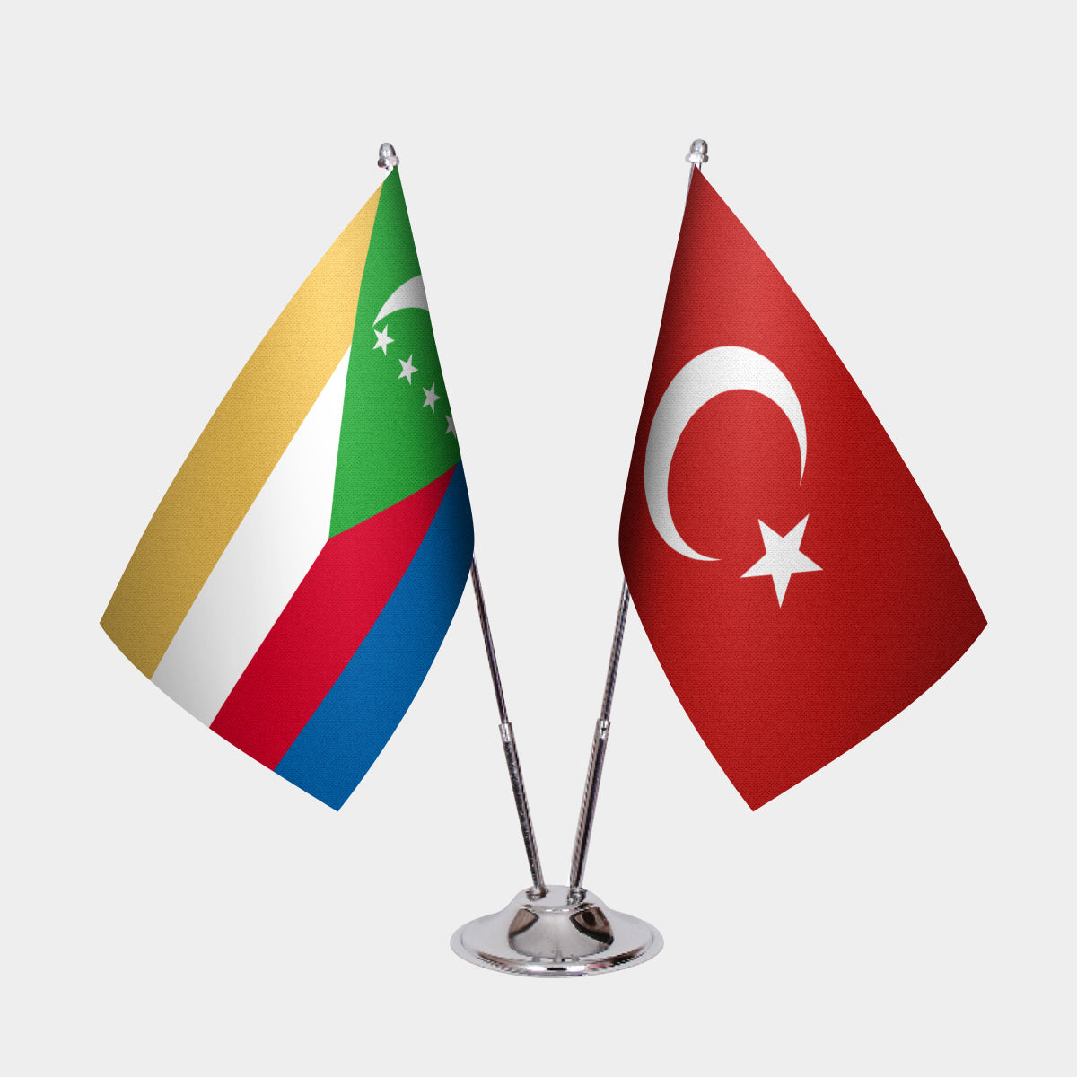 Comoros and Turkey desk flag set with chrome pole and base