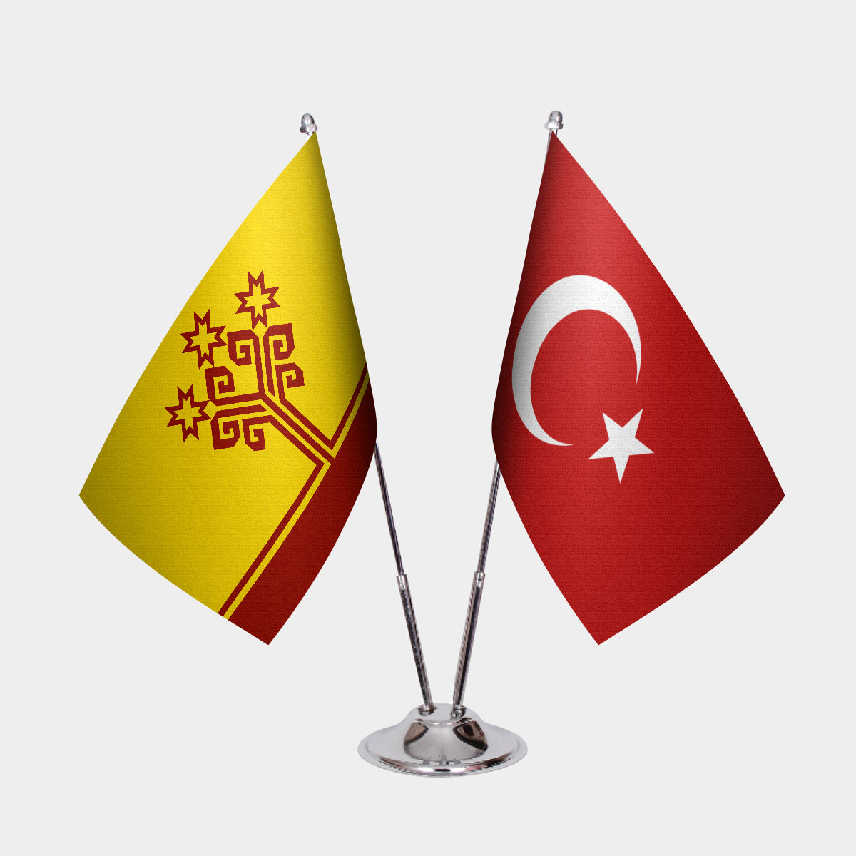 Chuvashia and Türkiye dual desk flag set with chrome silver pedestal, satin office table flag