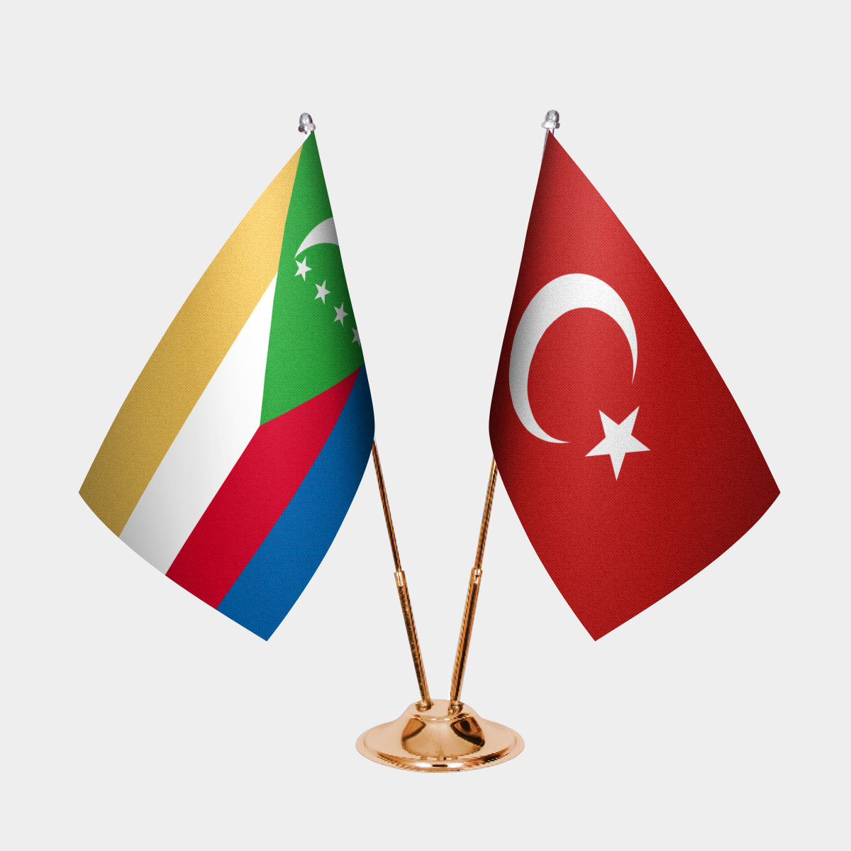 Comoros and Turkey desk flag set with gold pole and base