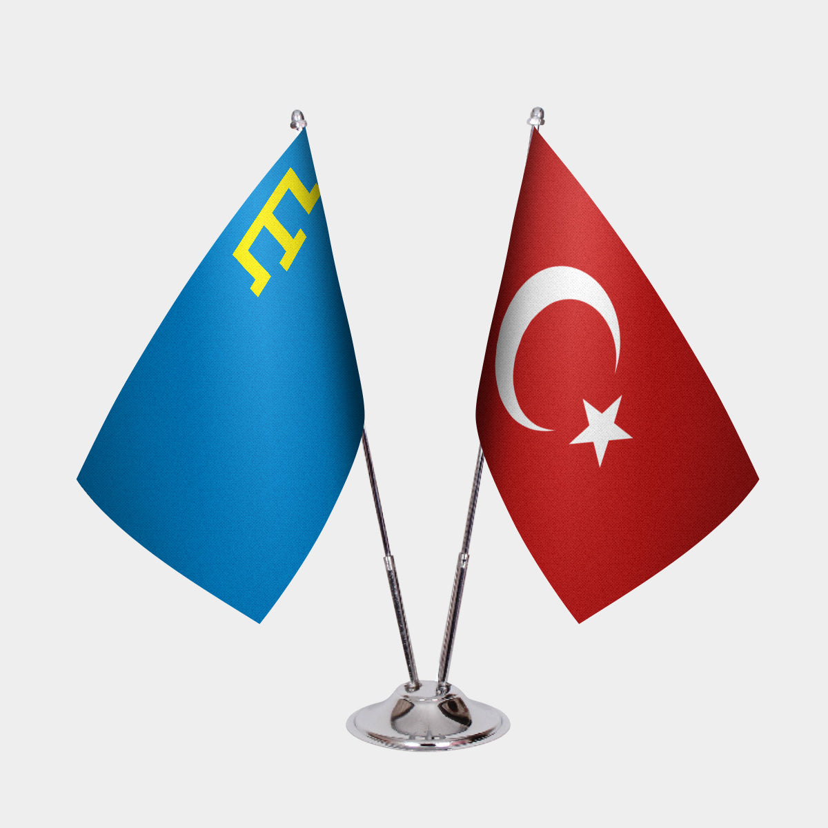 Crimean Tatar and Türkiye dual desk flag set with chrome silver pedestal, satin office table flag