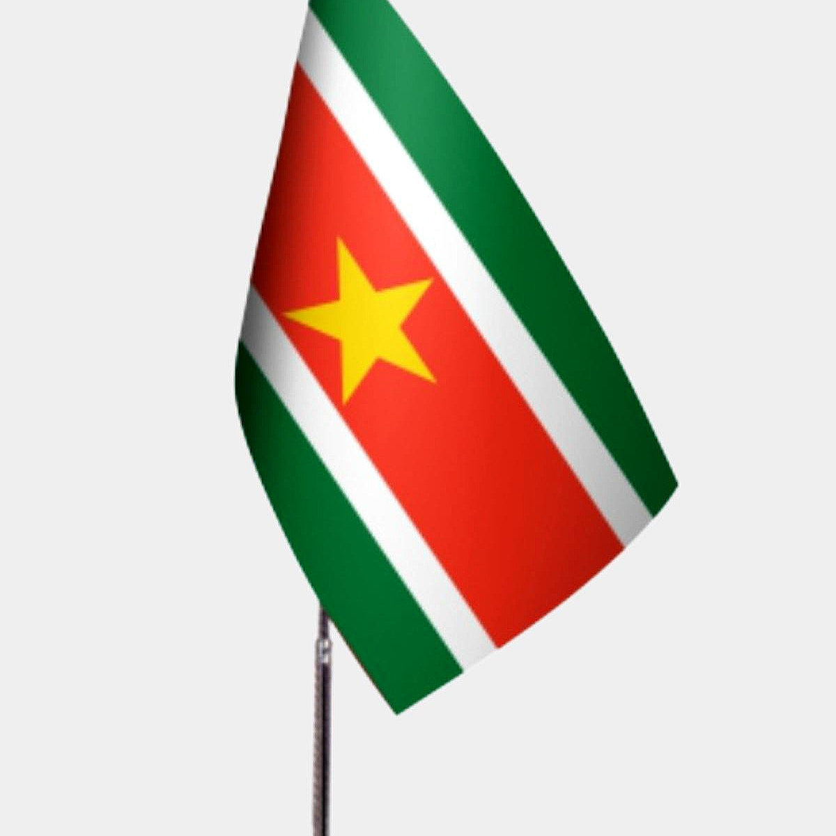 Suriname Desk Flag - Premium Double-Layer Satin with Chrome L-Shaped Stand | Professional Quality Country Desk Flag for Government Offices and Institutions