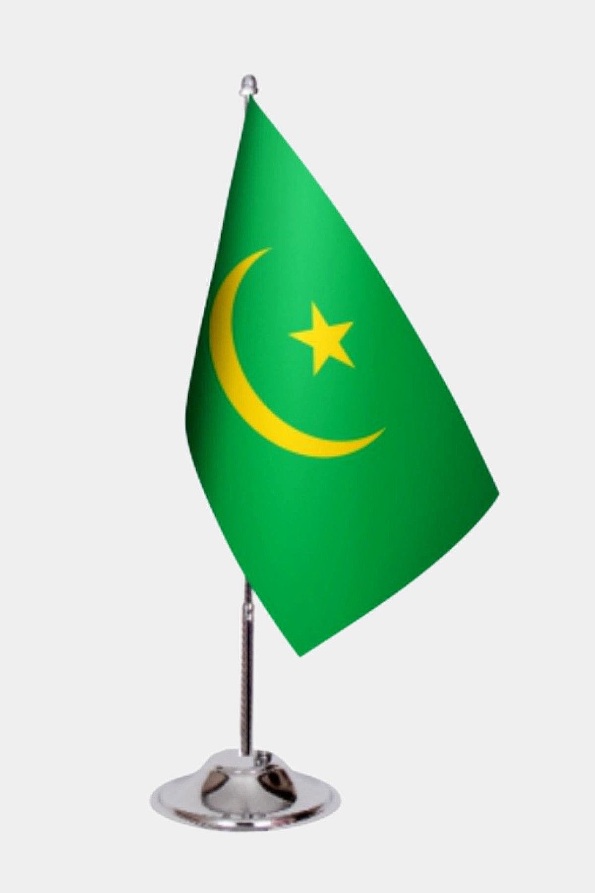 Mauritania Desk Flag - Premium Double-Layer Satin with Chrome L-Shaped Stand | Professional Quality Country Desk Flag for Government Offices and Institutions