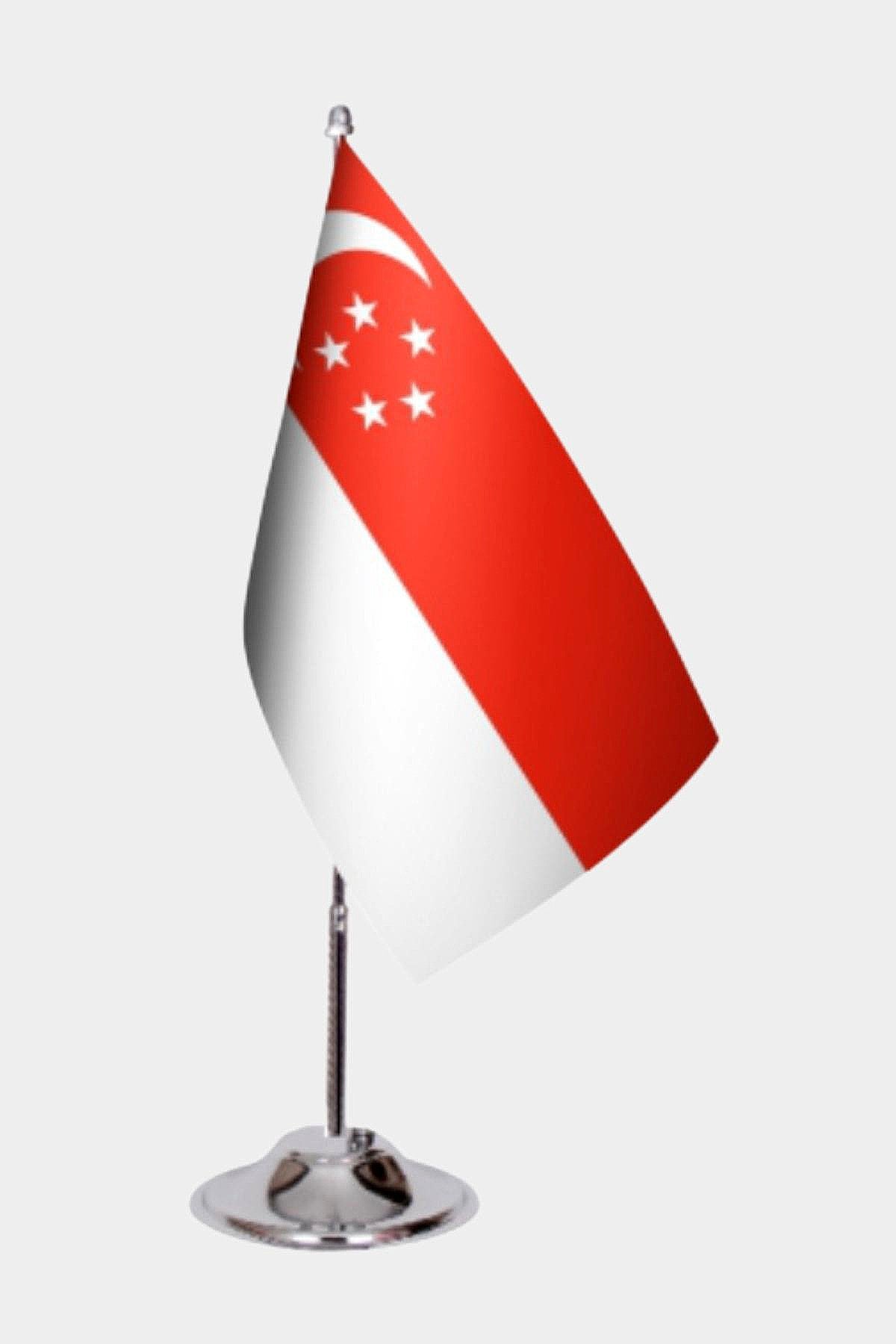 Singapore Desk Flag - Premium Double-Layer Satin with Chrome L-Shaped Stand | Professional Quality Country Desk Flag for Government Offices and Institutions