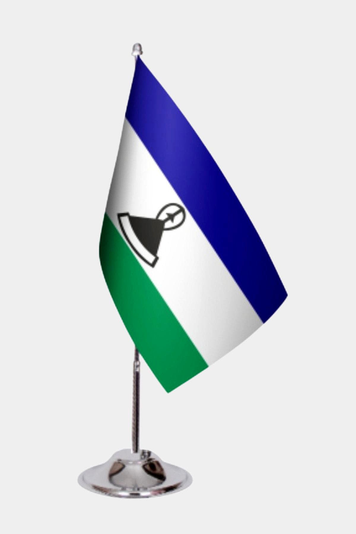 Lesotho Desk Flag - Premium Double-Layer Satin with Chrome L-Shaped Stand | Professional Quality Country Desk Flag for Government Offices and Institutions