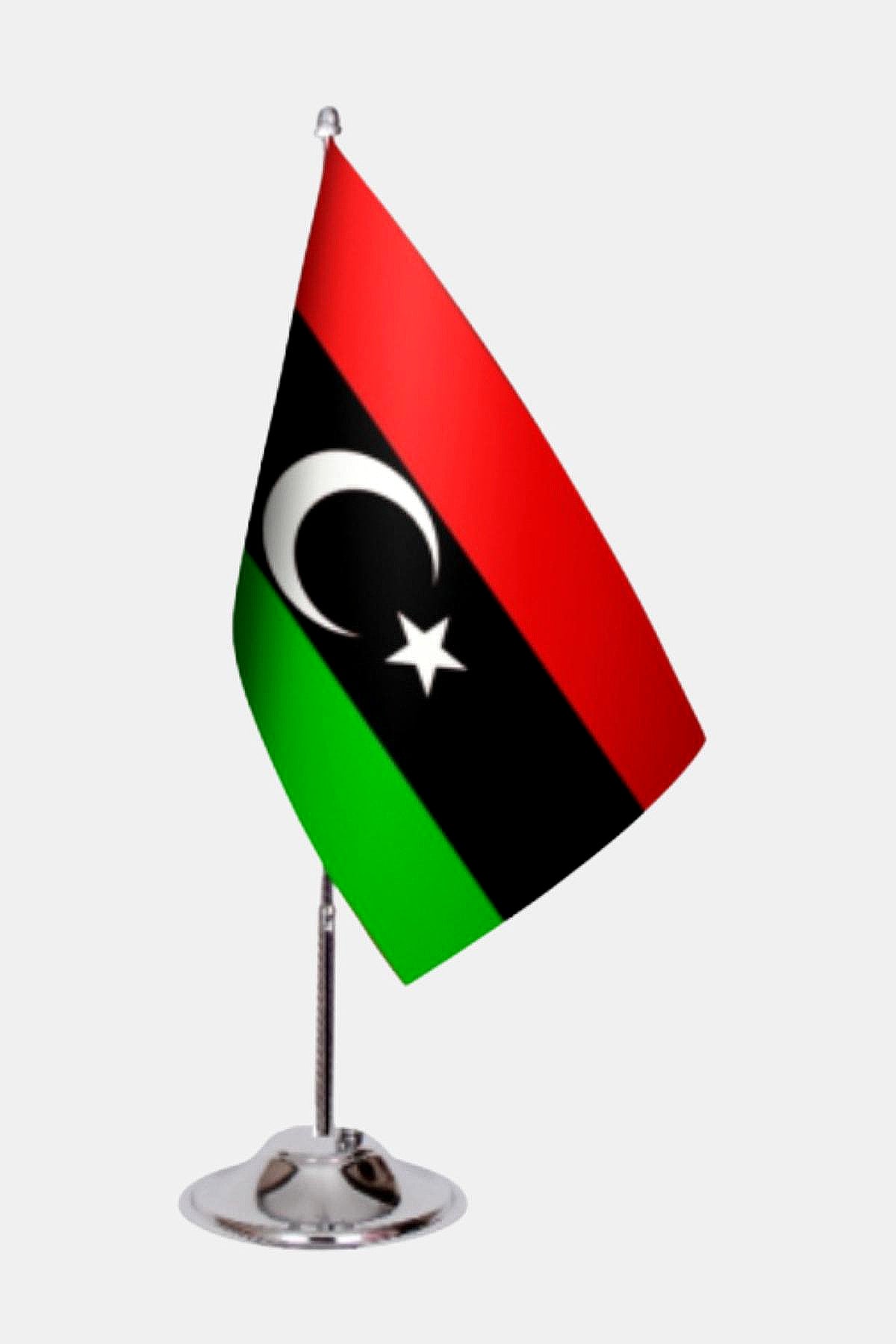 Libya Desk Flag - Premium Double-Layer Satin with Chrome L-Shaped Stand | Professional Quality Country Desk Flag for Government Offices and Institutions