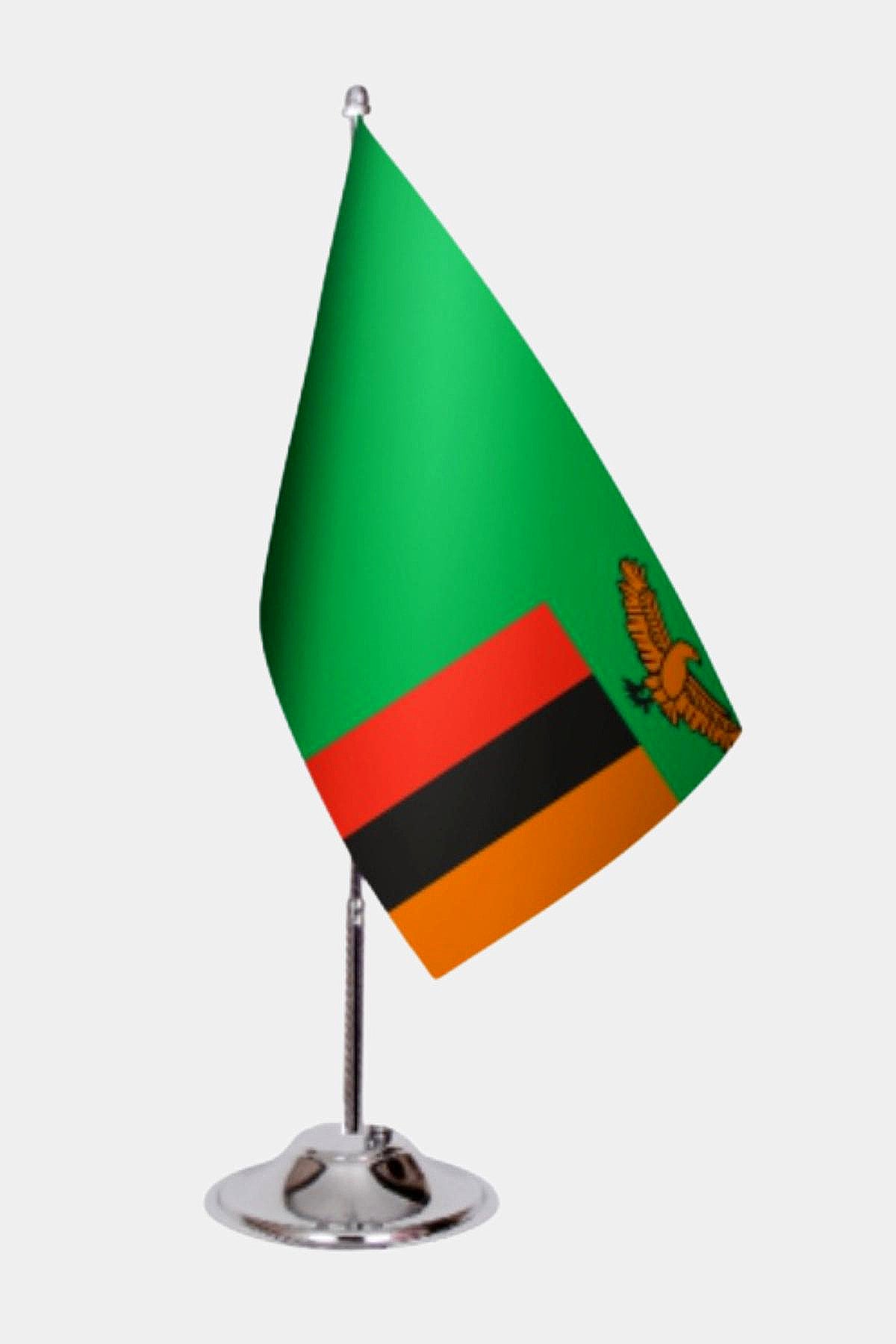 Zambia Desk Flag - Premium Double-Layer Satin with Chrome L-Shaped Stand | Professional Quality Country Desk Flag for Government Offices and Institutions