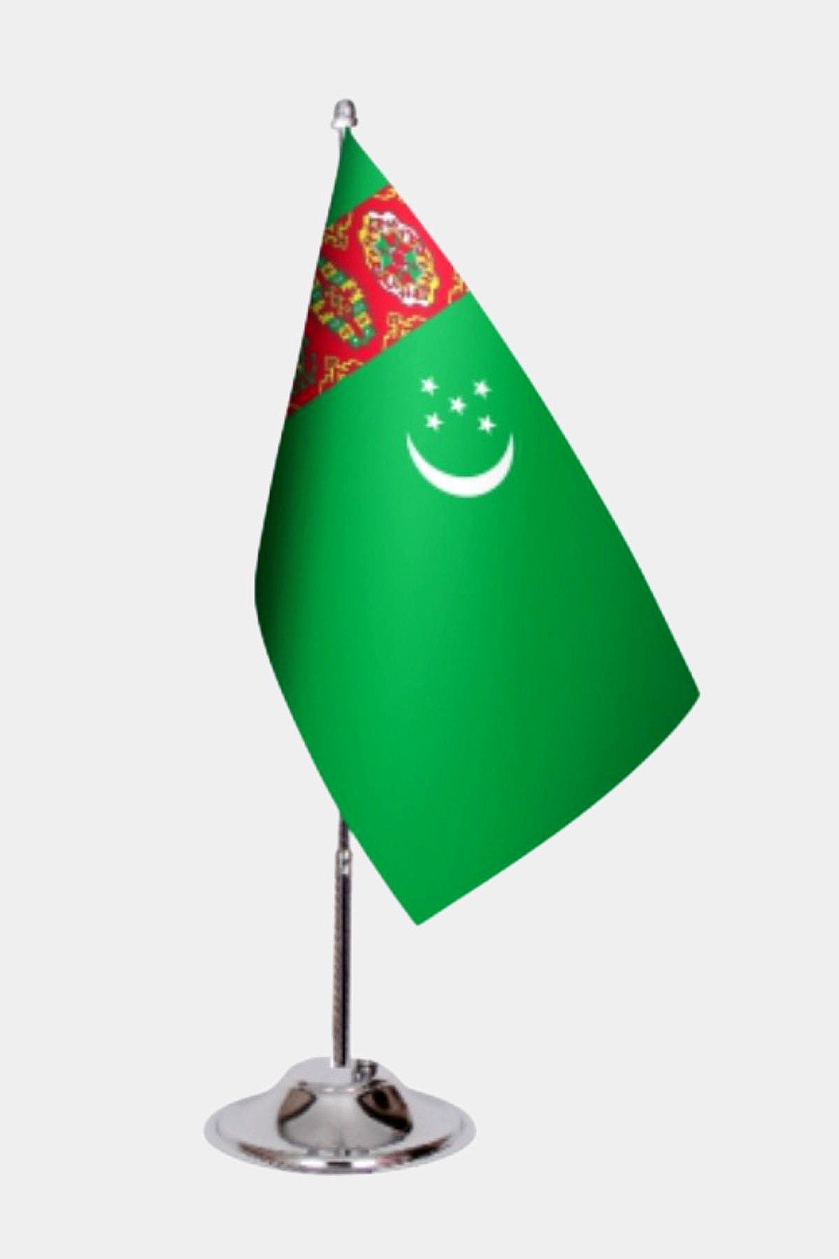 Turkmenistan Desk Flag - Premium Double-Layer Satin with Chrome L-Shaped Stand | Professional Quality Country Desk Flag for Government Offices and Institutions