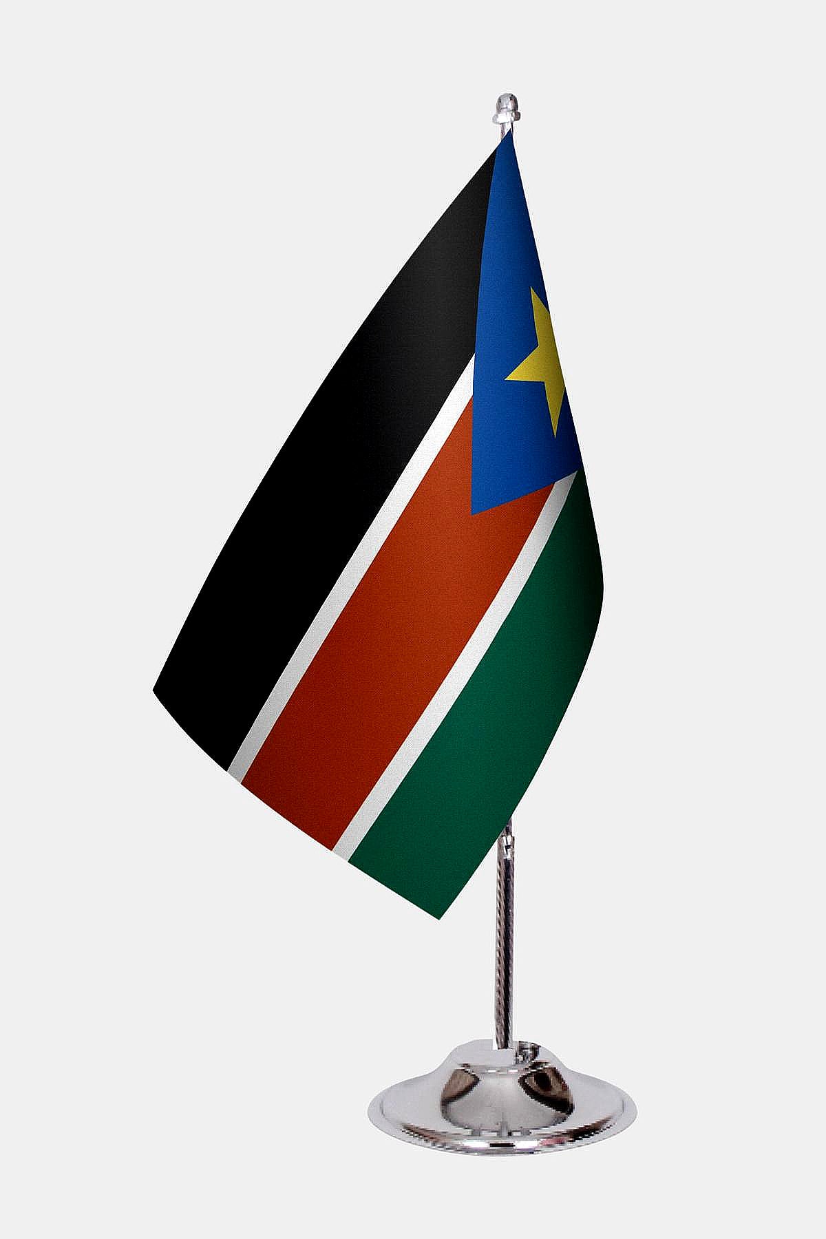 South Sudan Desk Flag - Premium Double-Layer Satin with Chrome L-Shaped Stand | Professional Quality Country Desk Flag for Government Offices and Institutions