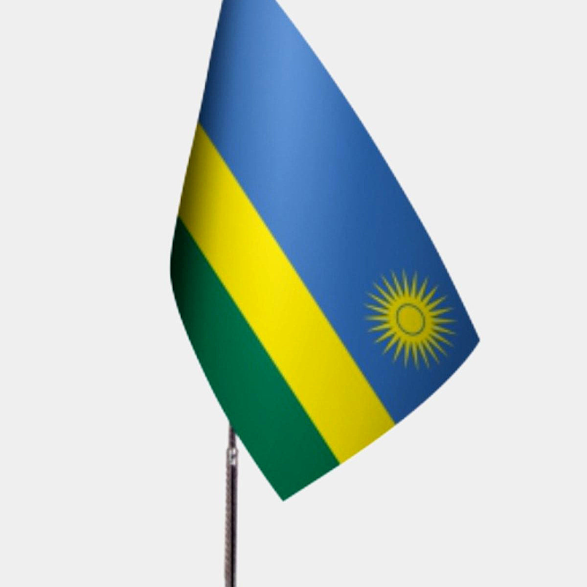 Rwanda Desk Flag - Premium Double-Layer Satin with Chrome L-Shaped Stand | Professional Quality Country Desk Flag for Government Offices and Institutions