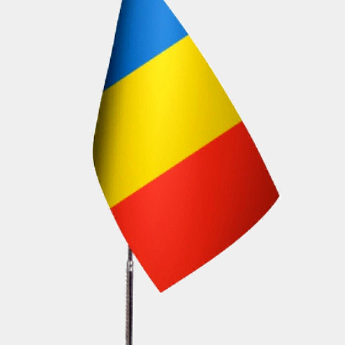 Romania Desk Flag - Premium Double-Layer Satin with Chrome L-Shaped Stand | Professional Quality Country Desk Flag for Government Offices and Institutions