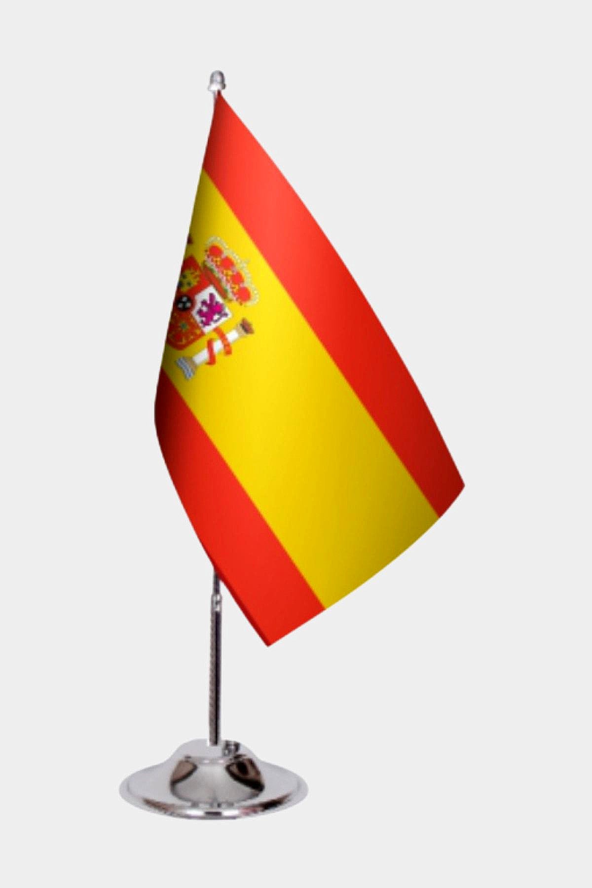 Spain Desk Flag - Premium Double-Layer Satin with Chrome L-Shaped Stand | Professional Quality Country Desk Flag for Government Offices and Institutions