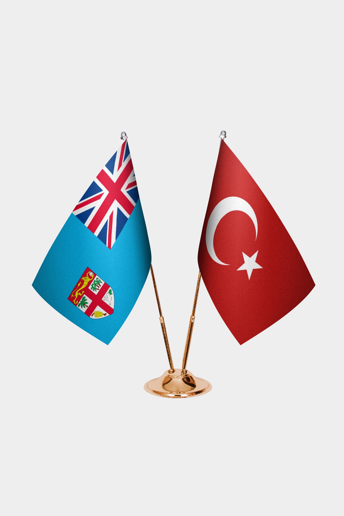 Fiji and Turkey desk flag set with gold pole and base
