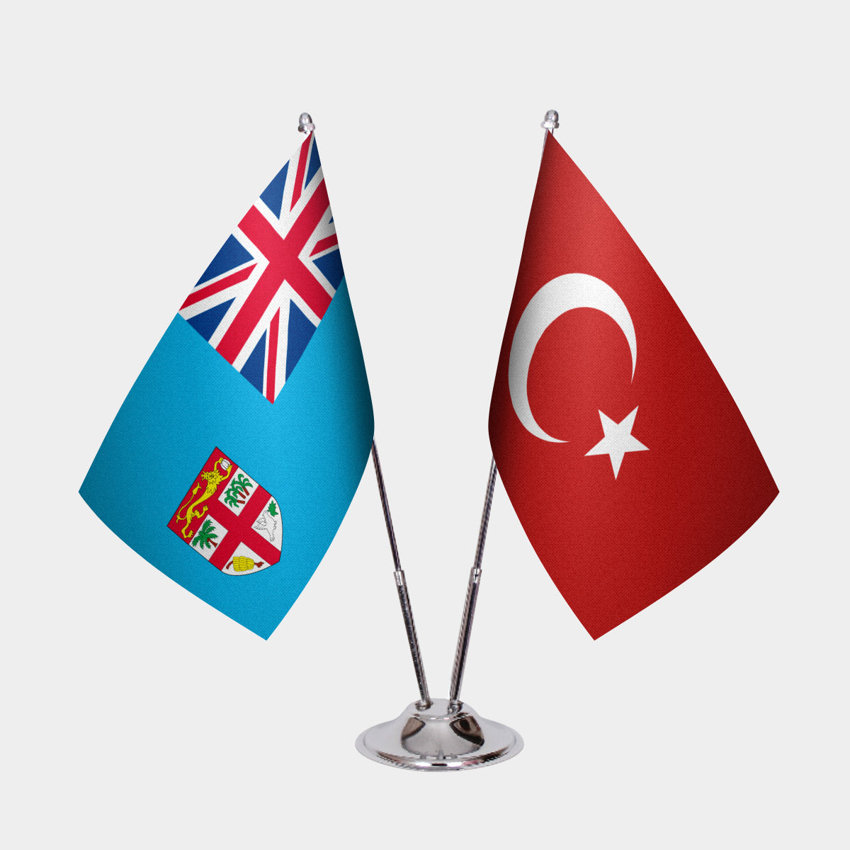 Fiji and Turkey desk flag set with chrome pole and base