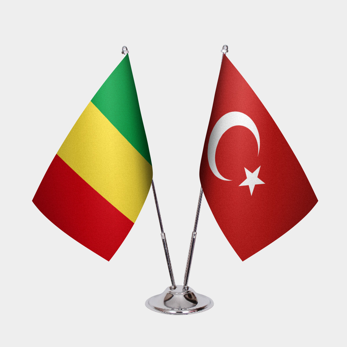 Mali and Turkey desk flag set with chrome pole and base