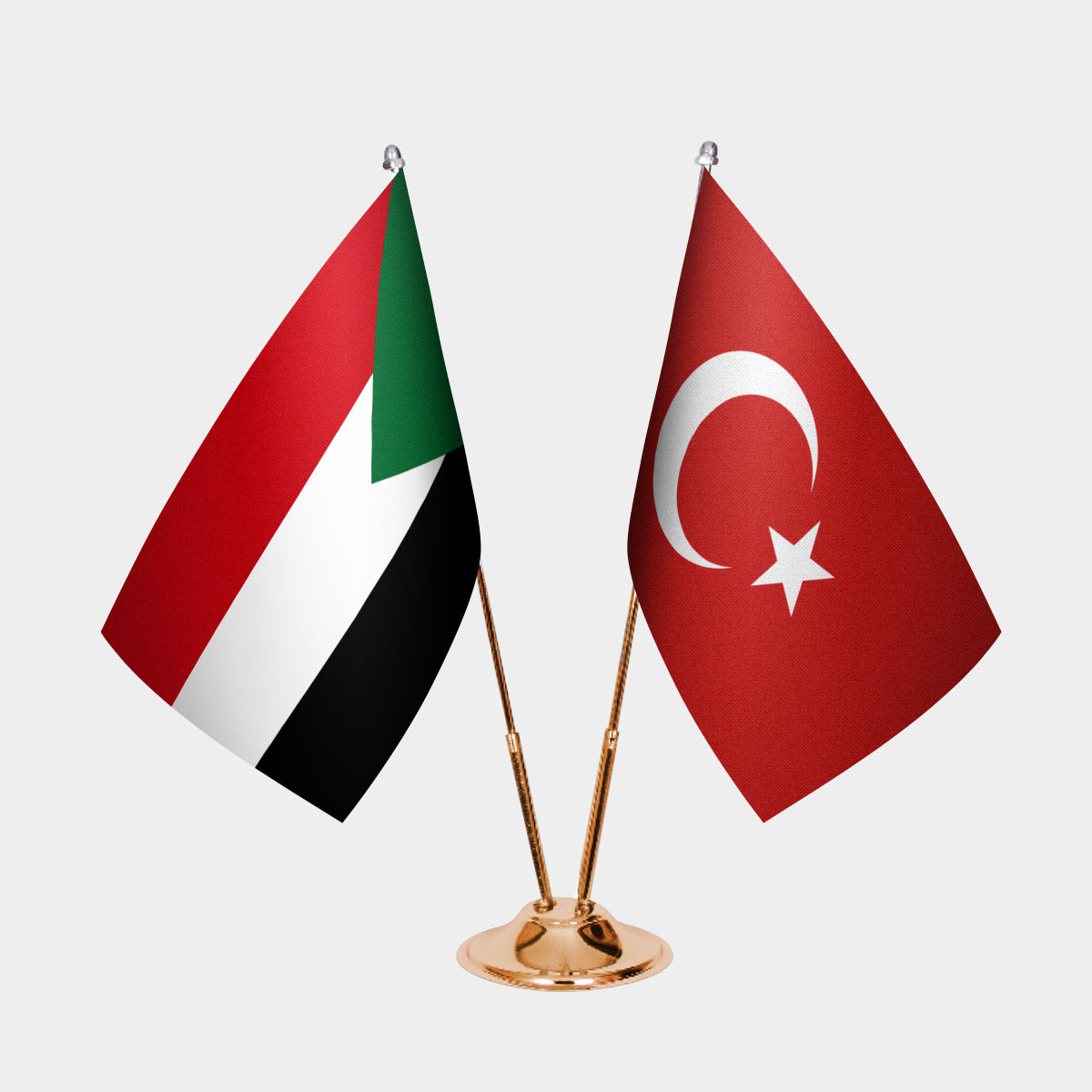 Sudan and Turkey desk flag set with gold pole and base