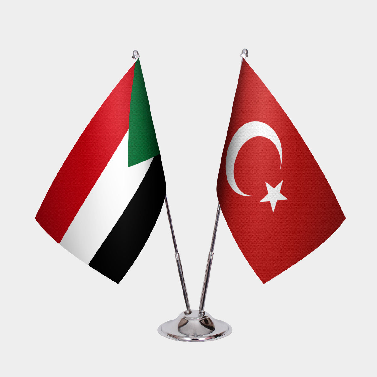 Sudan and Turkey desk flag set with chrome pole and base