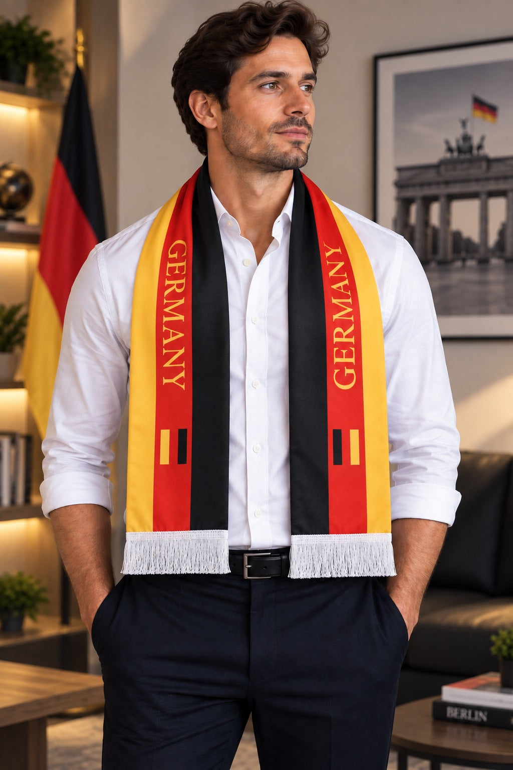 Germany Flag Satin Soccer Scarf worn around the neck by a man in a white shirt