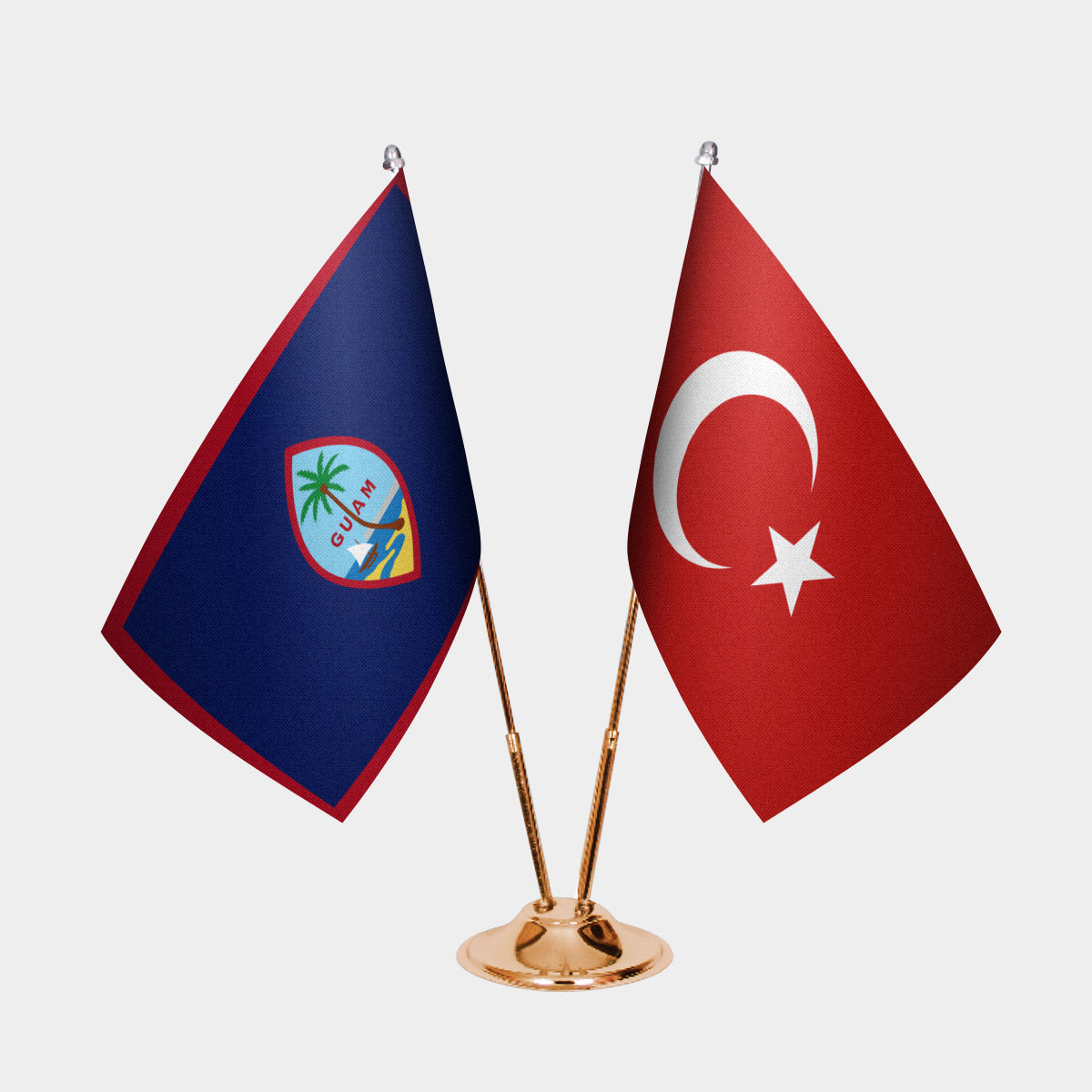 Guam and Turkey desk flag set with gold pole and base