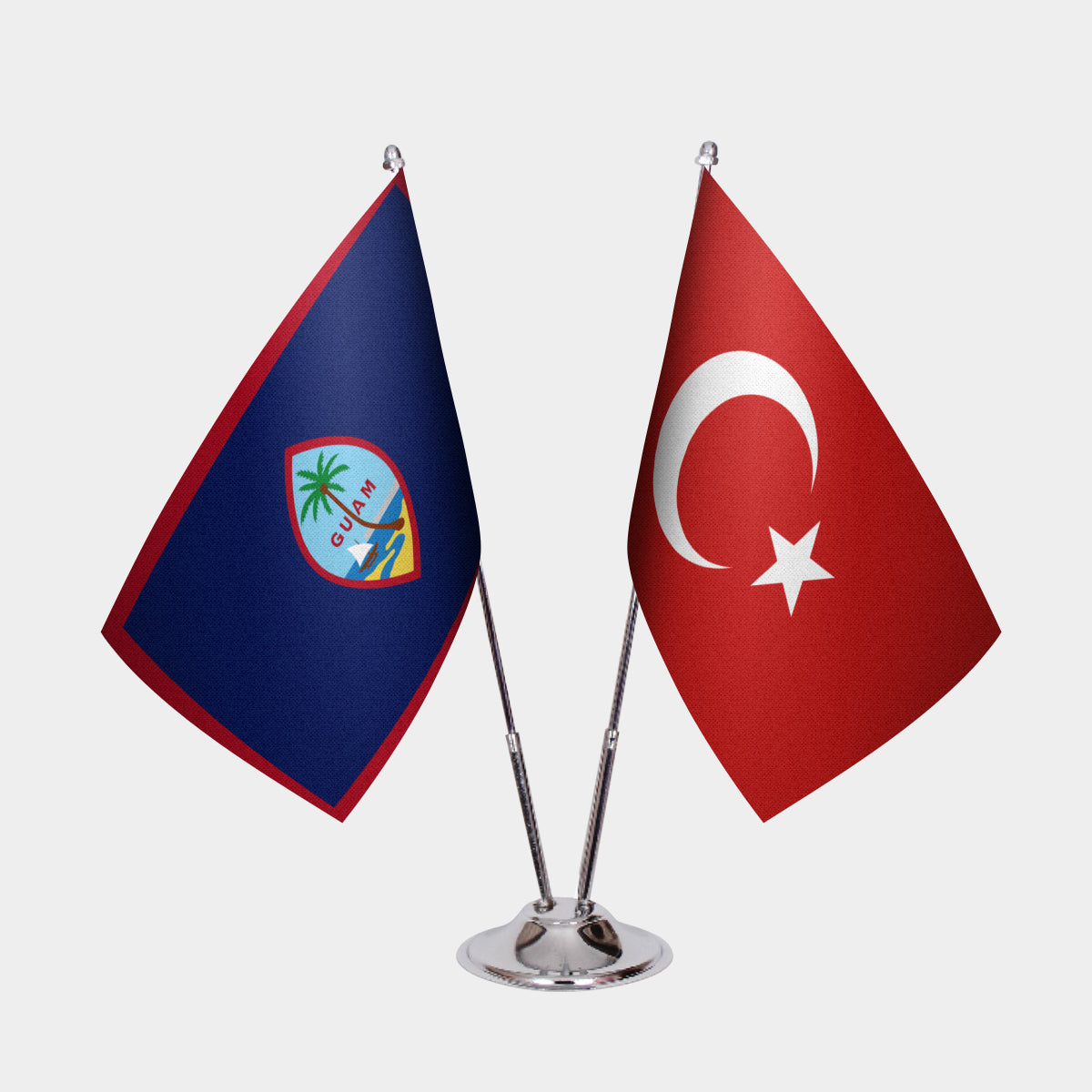 Guam and Turkey desk flag set with chrome pole and base