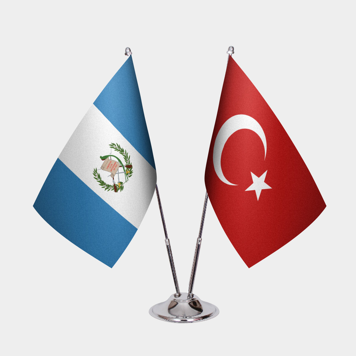 Guatemala and Turkey desk flag set with chrome pole and base