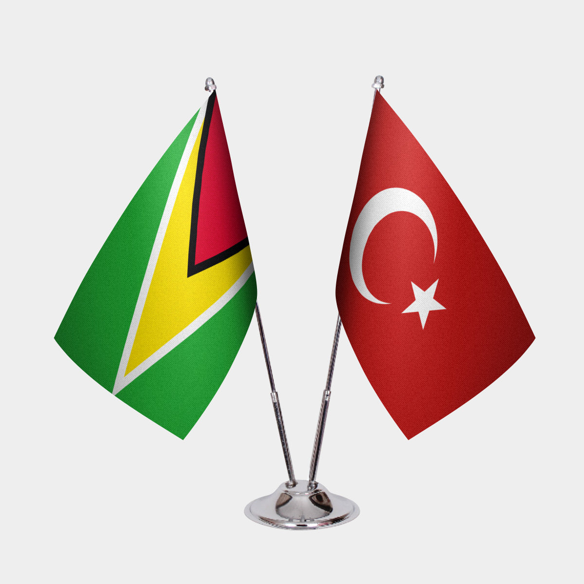 Guyana and Turkey desk flag set with chrome pole and base