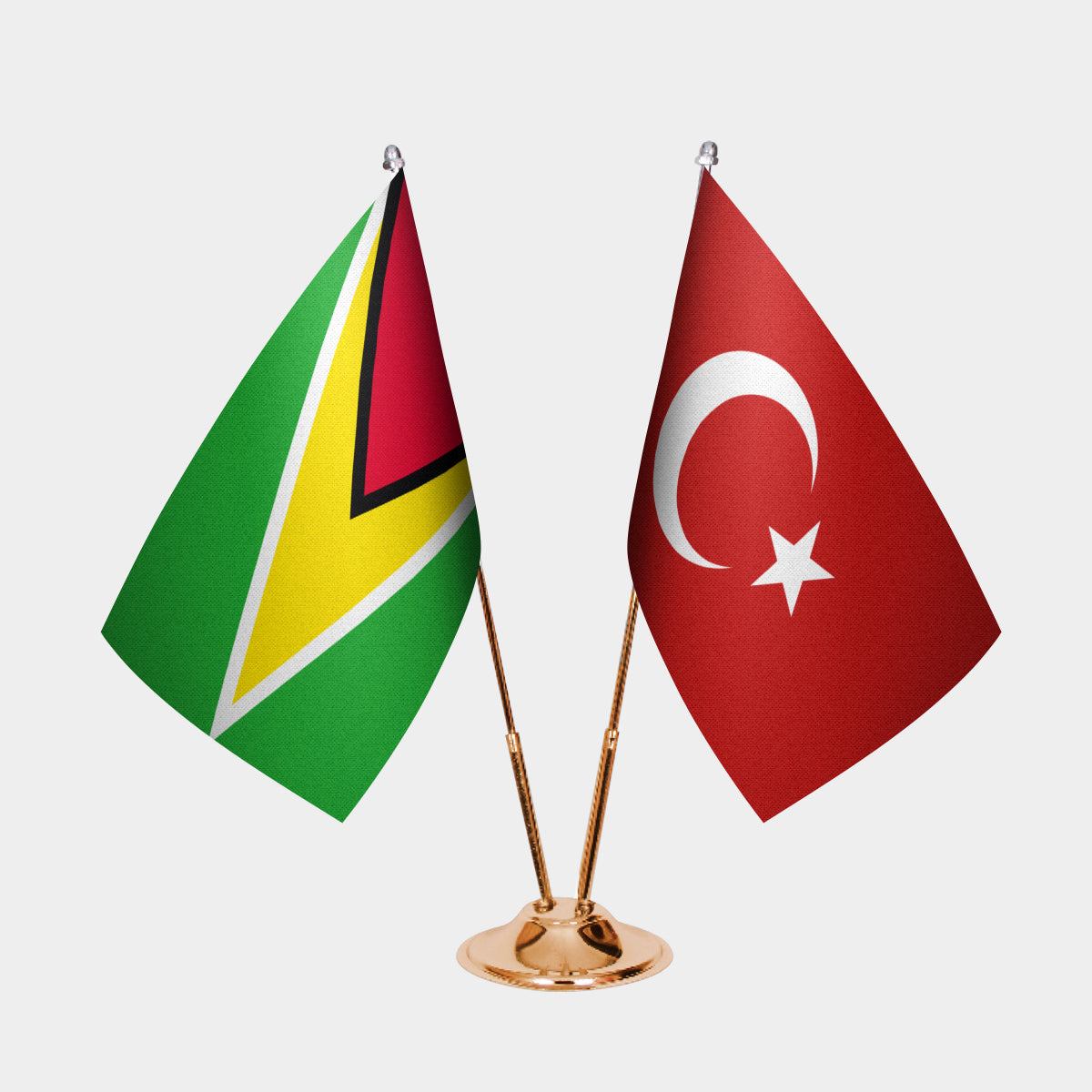 Guyana and Turkey desk flag set with gold pole and base
