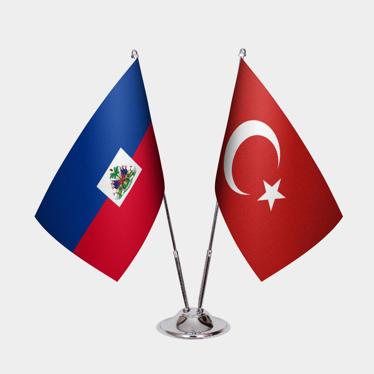 Haiti and Turkey desk flag set with chrome pole and base