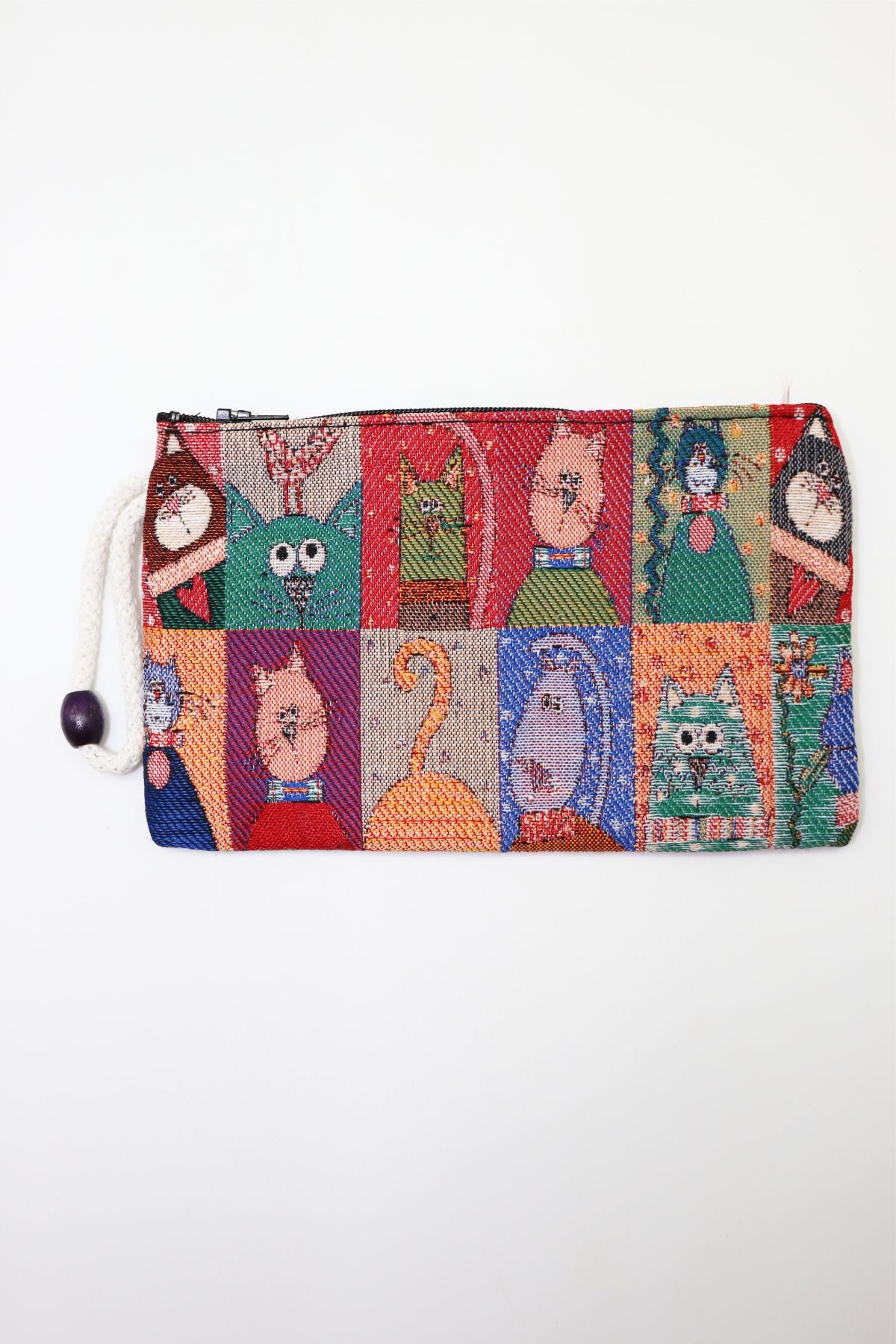 Folk Animal Woven Tapestry Clutch Wallet — woven clutch wallet with wrist strap, front view