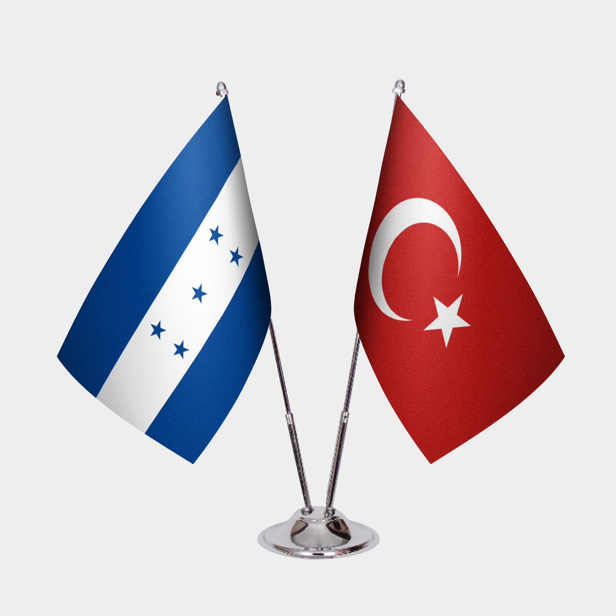 Honduras and Turkey desk flag set with chrome pole and base