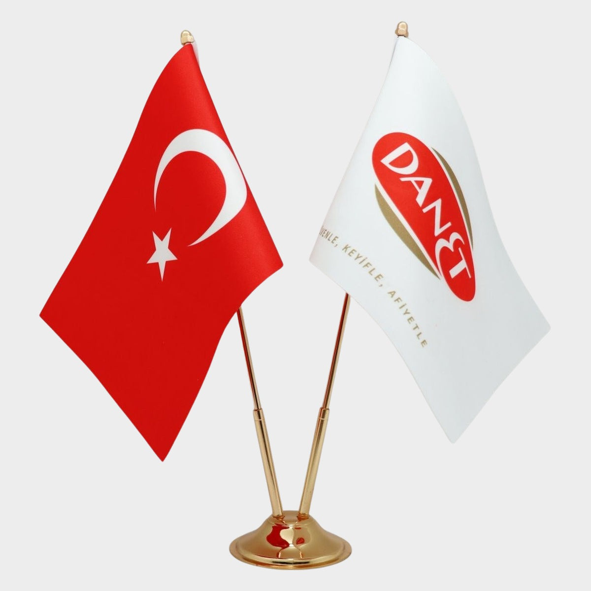 Logo Printed Double Desk Flag with gold poles, 15 × 22.5 cm flags on a weighted base (1)