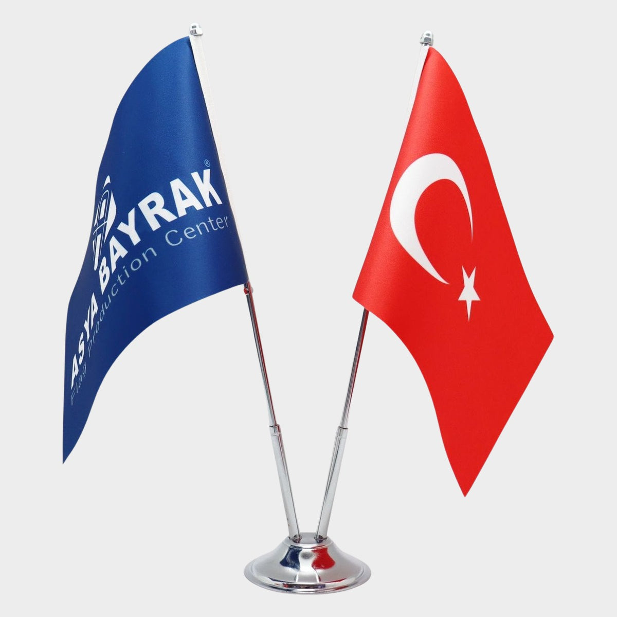 Logo Printed Double Desk Flag with chrome poles, 15 × 22.5 cm flags on a weighted base (1)