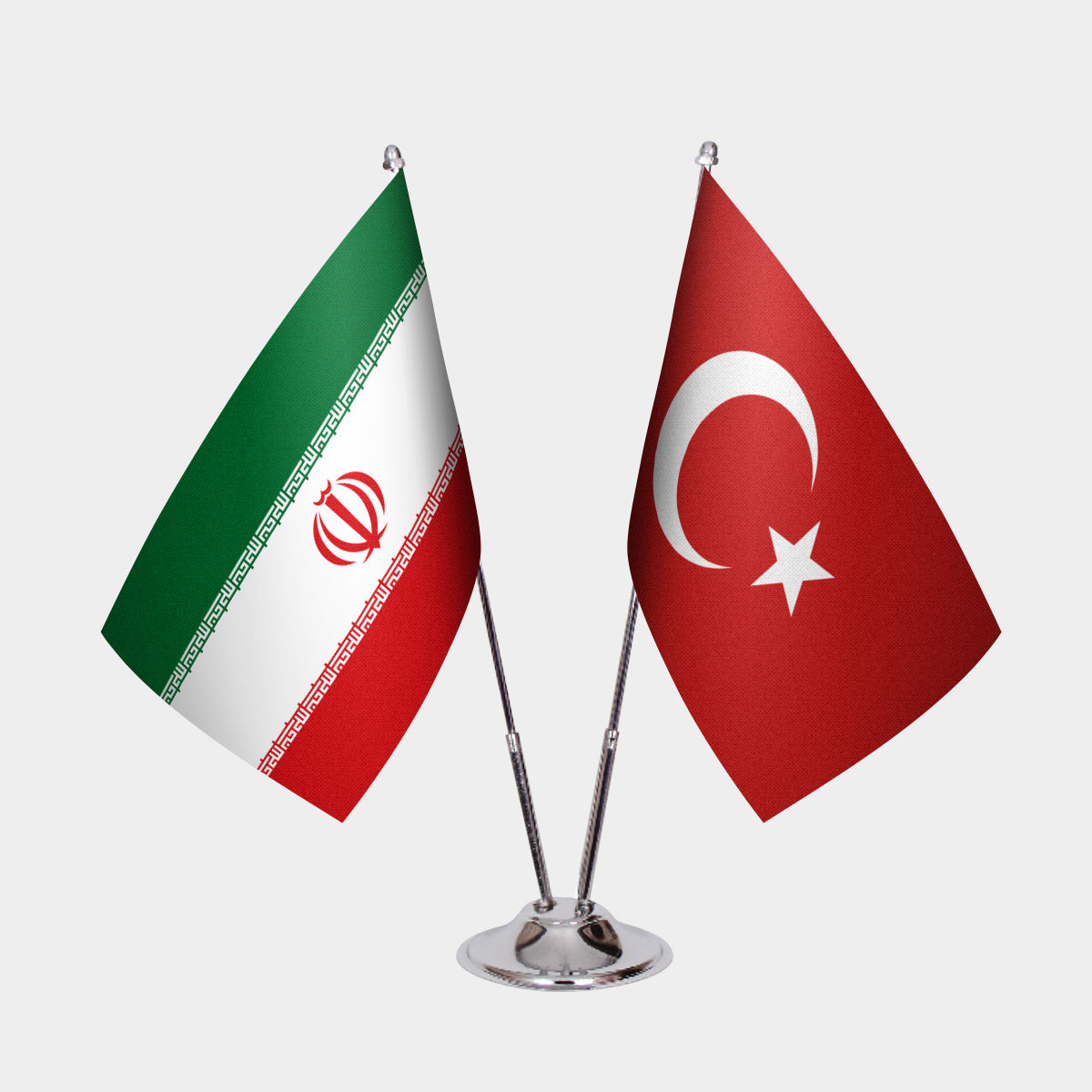Iran and Turkey desk flag set with chrome pole and base