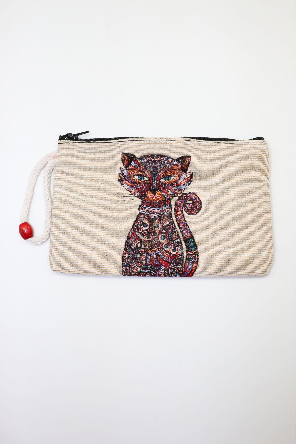 Mosaic Cat Woven Tapestry Clutch Wallet — woven clutch wallet with wrist strap, front view