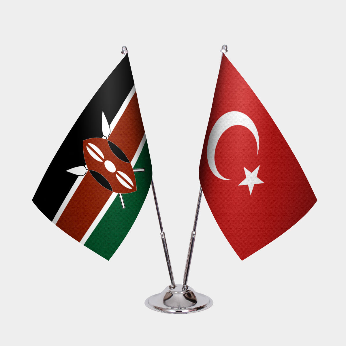 Kenya and Turkey desk flag set with chrome pole and base